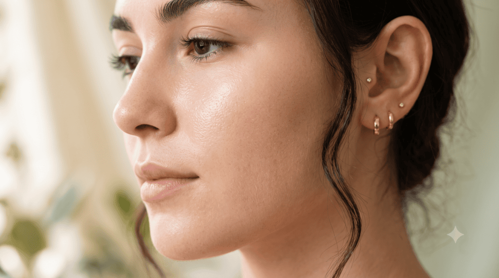 A close-up of calm, deeply hydrated, and radiant skin, showing the healthy results of skin barrier recovery and a simplified skincare routine.