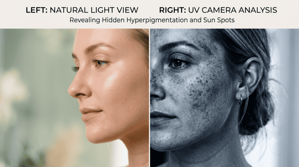 A conceptual split portrait comparing a face under normal daylight to a simulated UV camera view that exposes hidden hyperpigmentation and deep sun spots.