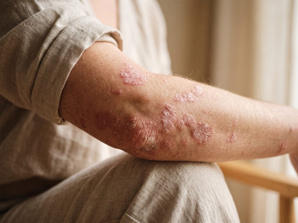 Close-up of a person examining a visible psoriasis plaque on their arm under soft clinic lighting.