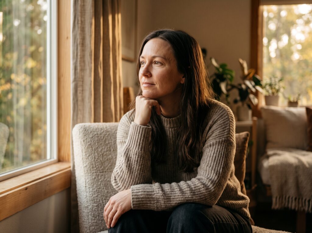 A thoughtful individual looking out a window with a sense of peace, resilience, and calm confidence.